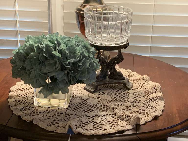 METAL ART DECO 3 COY STAND WITH CRYSTAL VASE 10" TALL X 6" ROUND, FROSTED VASE WITH SILK HYDRANGEA & LARGE HANDMADE CROCHET DOILY - LIVING ROOM image