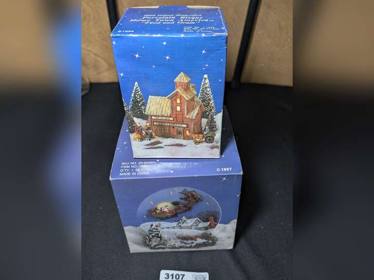 HAND PAINTED FIGURINES INCLUDING FARMERS SUPPLY BUILDING AND SANTA CLAUS GLOBE, BOTH IN ORIGINAL BOXES image