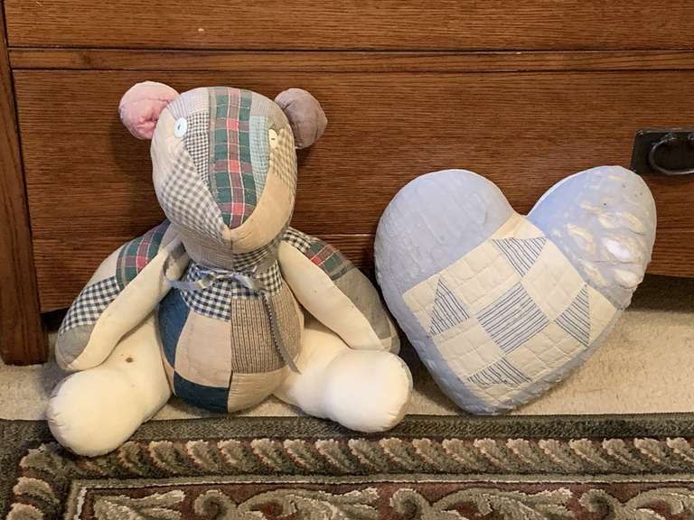 VINTAGE HANDMADE FROM OLD QUILTS JOINTED TEDDY BEAR & HEART SHAPED PILLOW - UP BED 1 image