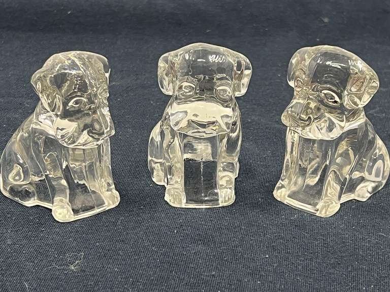 DEN… Vintage mopey dog clear glass figurines, believed to be vintage Federal glass “Mopey Dog” candy containers, set of three, see pictures for details. image