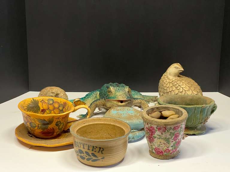 Assorted outdoor decor to include ceramic quail figurines from Arnel’s, vintage planters, vintage Pfaltzgraff butter crock, and more. See pictures for details. ￼ image