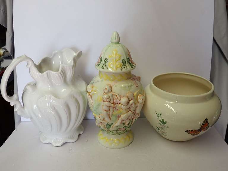 Ceramic Pitcher, Lidded Urn, and Butterfly Planter image
