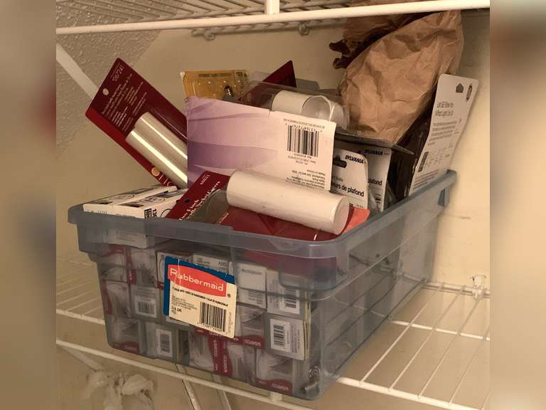 CRATE FULL OF LIGHT BULBS & CANDLE SOCKET COVERS FOR LIGHTS - FOYER image