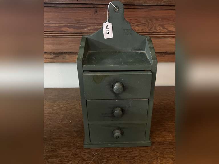 DEN… Vintage small wooden spice/apothecary wall mount chest. Has three drawers, see pictures for details. image