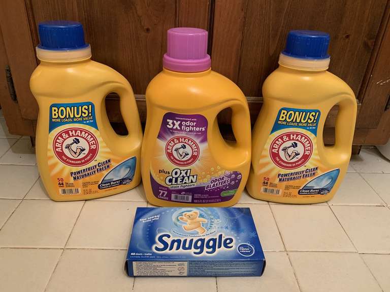 3 ARM & HAMMER LIQUID LAUNDRY DETERGENT & 1 BOX OF SNUGGLE DRYER SHEETS (MOST FULL)- UP MASTER BATH image