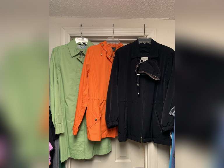 3 LADIES JACKETS - SIZE SMALL (3/4 WESTBOUND JACKET, 3/4 RALPH LAUREN RAIN SLICKER, LONG WHITE STAG RAINCOAT) - UP MASTER BED image