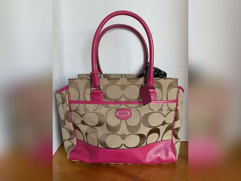 NEW COACH LEGACY TAN CANVAS SATCHEL SIGNATURE COLLECTION WITH RASPBERRY TRIM - CHECKOUT image