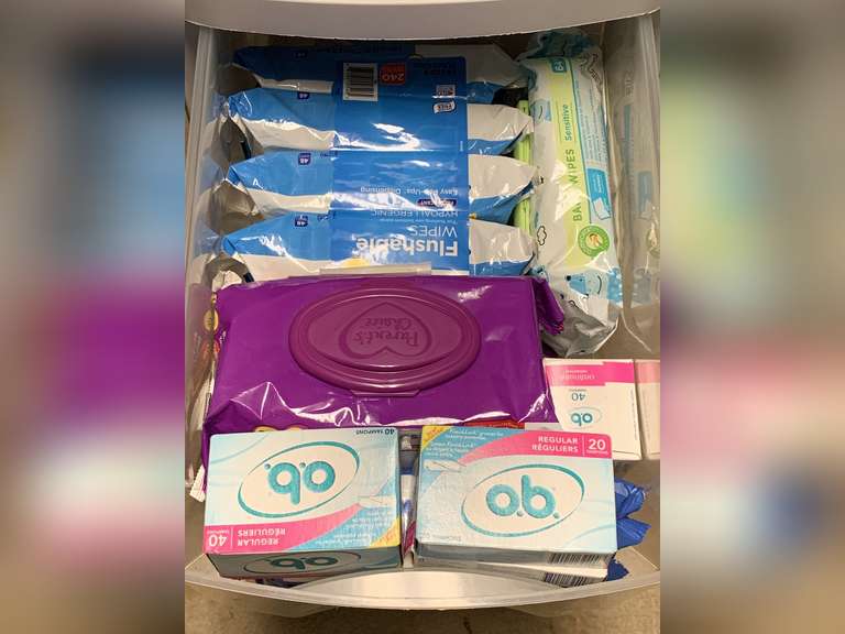 DRAWER FULL OF NEW TAMPONS & FLUSHABLE WIPES - UP MASTER CLOSET 2 image