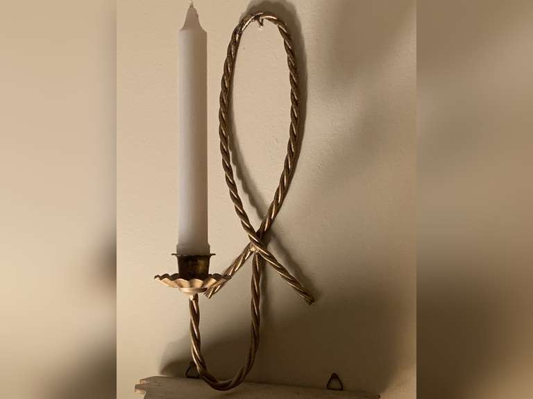 PAIR BRASS METAL SINGLE CANDLE WALL SCONCES 12" LONG - LIVING ROOM image