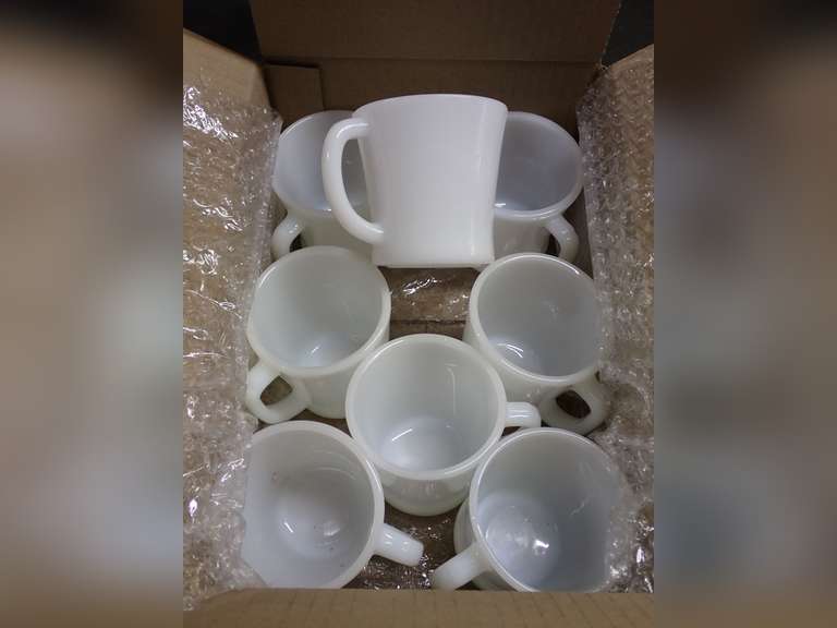 Set of Eight White Milk Glass Mugs - Believed to be FireKing image