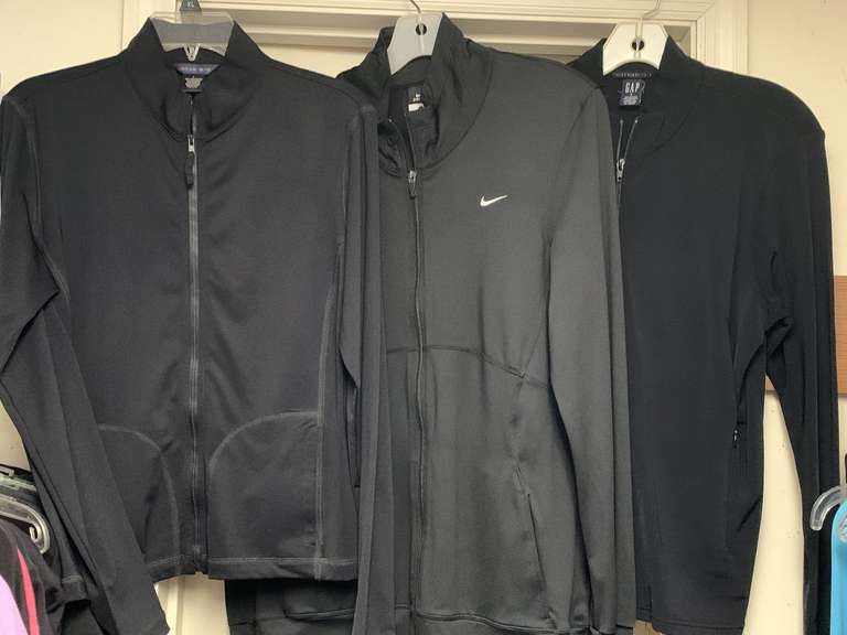 3 LADIES JACKETS - SIZE LARGE (GAP ZIP UP ATHLETIC JACKET, NIKE ZIP UP ATHLETIC JACKET, JACKIE BLUE ZIP UP JACKET) - UP MASTER BED image
