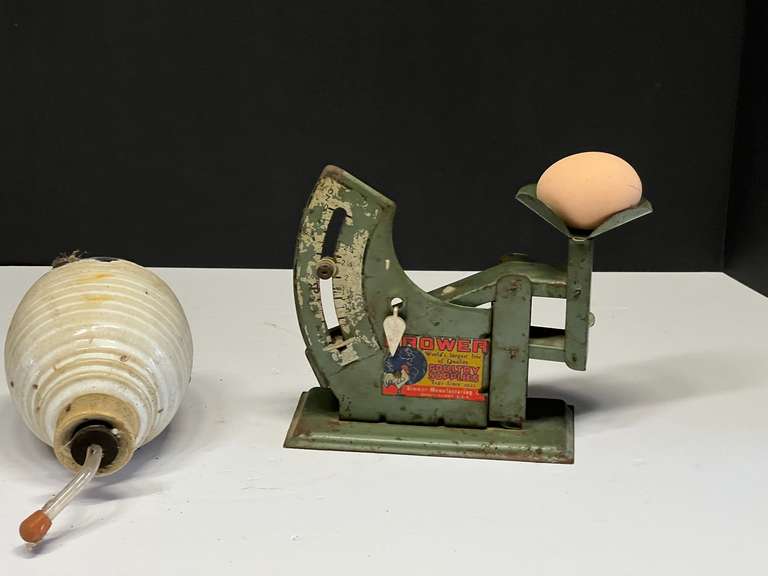 Vintage Brower egg scale with faux egg, also includes an artisan pottery hummingbird feeder, see pictures for details. image