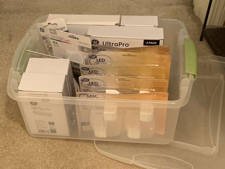 CRATE FULL OF NEW NIGHT LIGHTS, BULBS & MOR3E - CRATE & LID INCLUDED - UP HALLWAY image