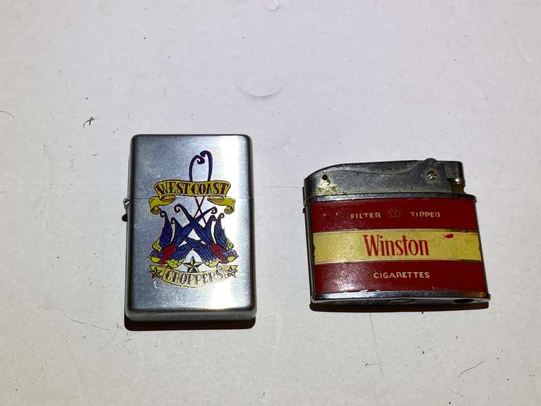 BR1…Vintage lighters, two pieces, includes a vintage Winston cigarette logoed lighter, see pictures for details. image