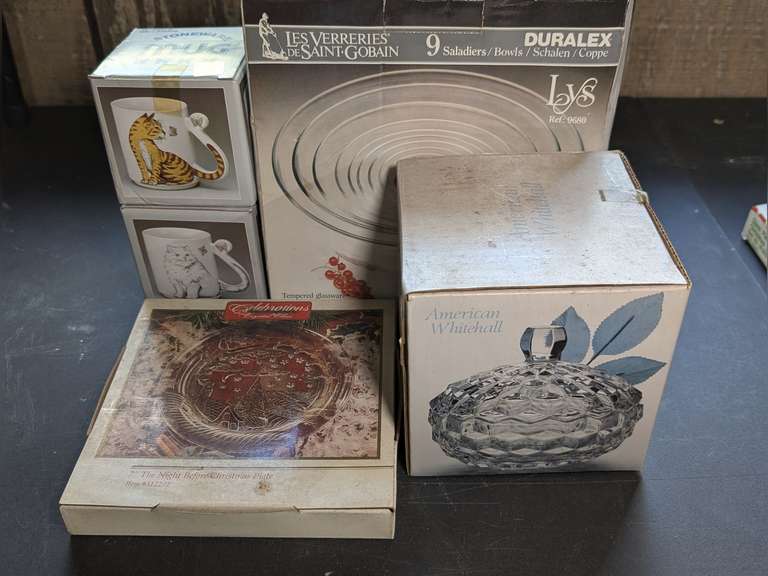 VINTAGE SERVING PIECES INCLUDING CELEBRATIONS CRYSTAL CLEAR 7" THE NIGHT BEFORE CHRISTMAS PLATE, AMERICAN WHITEHALL TWO-PIECE CANDY BOX AND COVER, LES VERRERIES DE SAINT GOBAIN 9 DURALEX BOWL SET, AND PAIR OF STONEWARE MUGS, ALL IN ORIGINAL BOXES image