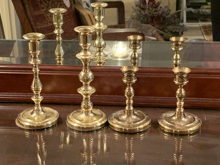 PAIR SOLID BRASS BALDWIN CANDLESTICKS 7 3/4" TALL & PAIR SOLID BRASS CANDLESTICKS 4 3/4" TALL - UP MASTER BED image