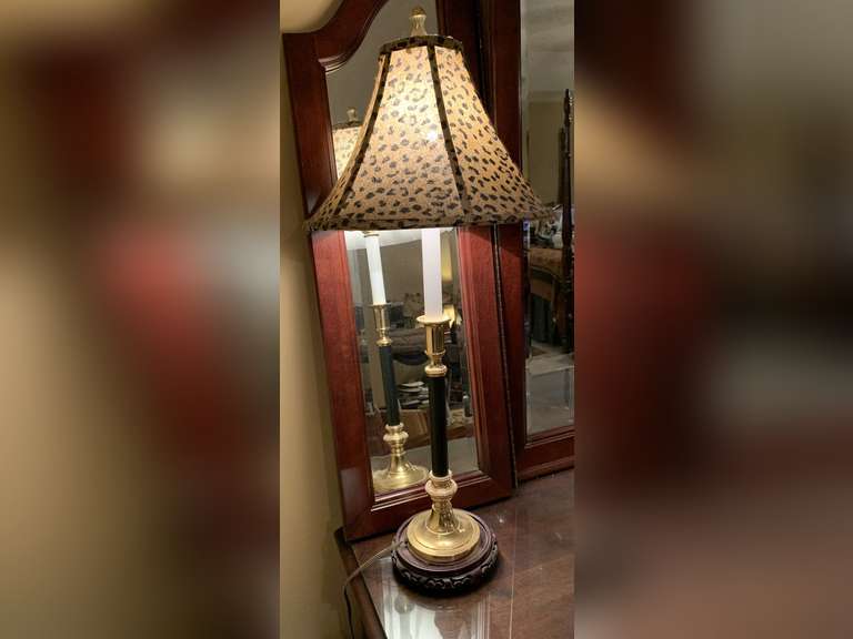 TALL BLACK/BRASS CANDLESTICK LAMP WITH LEOPARD SHADE ON CARVED STAND 30" TALL - UP MASTER BED image