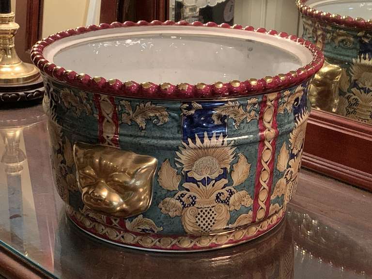 EXTRA LARGE CHINOISERIE HAND PAINTED PLANTER WITH GOLD COUGAR HEAD 13" ROUND X 8" TALL - UP MASTER BED image