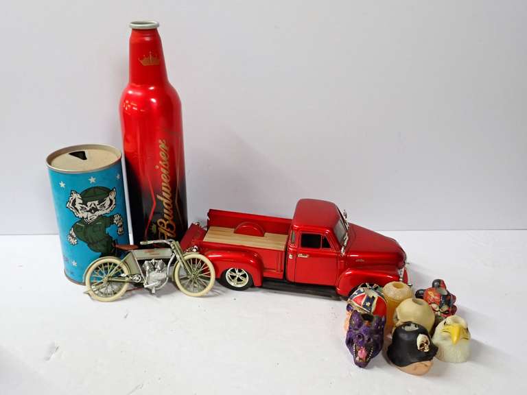 Diecast Truck, Harley Davidson Motorcycle Model, Budweiser Cans and More image