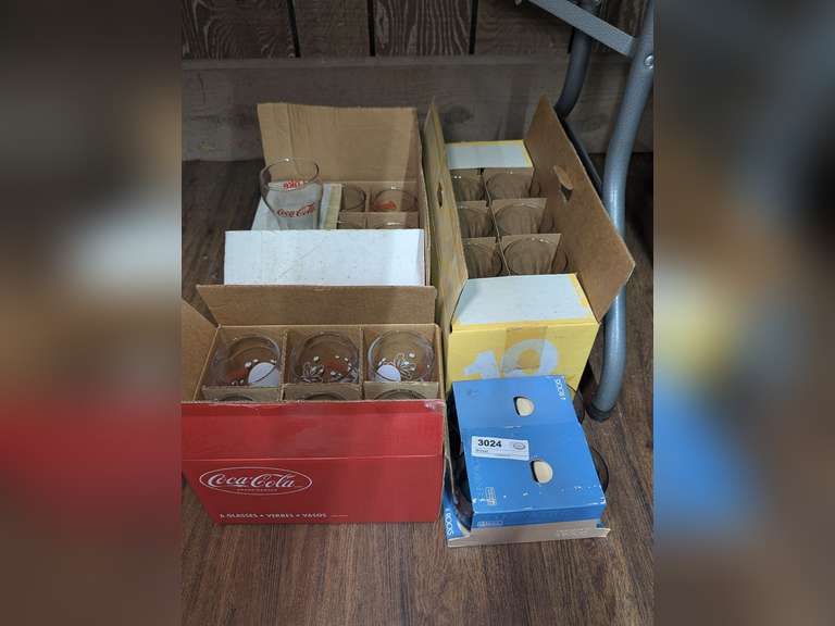 VINTAGE GLASSWARE COLLECTION IN UNDER TABLE AREA MARKED 3024 INCLUDING SETS OF BOTH CLASSICAL AND CHRISTMAS COCA-COLA image