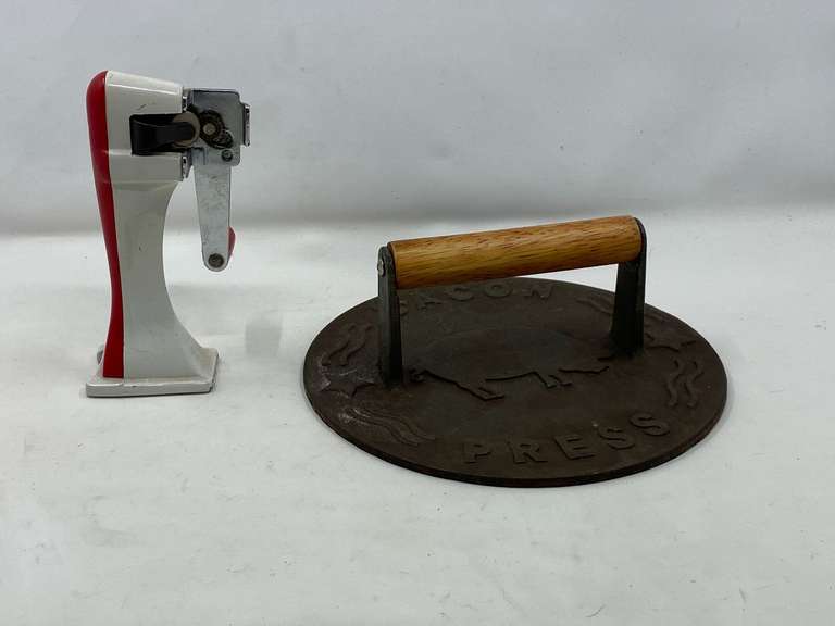 LR… Large bacon press, also includes a vintage hand crank can opener, see pictures for details. image