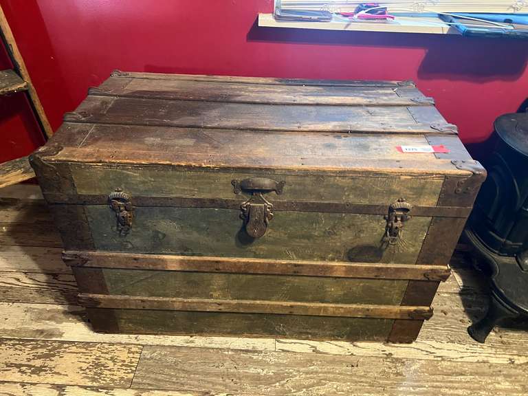 DEN… Antique wooden trunk, handles are missing, see pictures for details. image