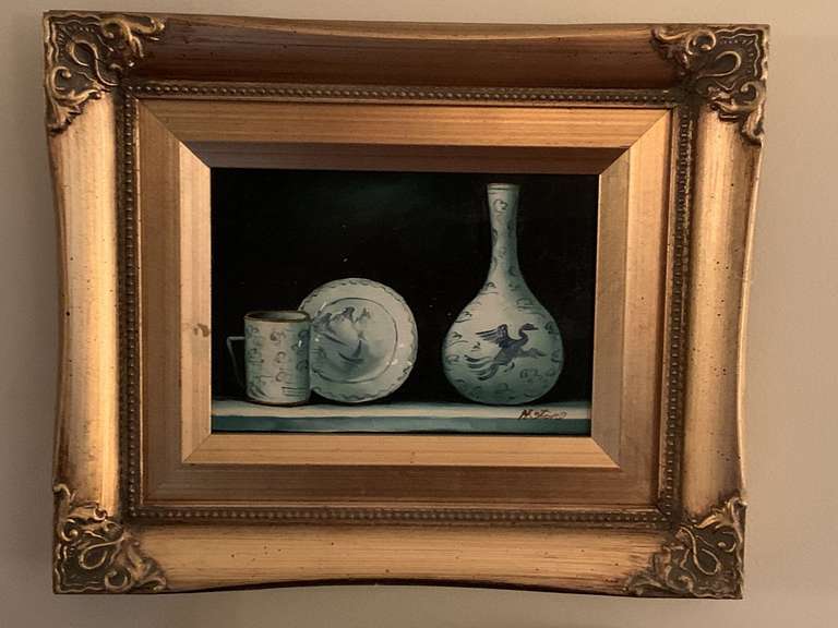 HAND PAINTED ORNATE GOLD FRAMED STILL LIFE SIGNED BY ARTIST 11 1/4" X 9 1/2" & DECORATIVE BROWN/GOLD RESIN WALL SHELF 9 1/4" LONG X 5" DEEP - LIVING ROOM image