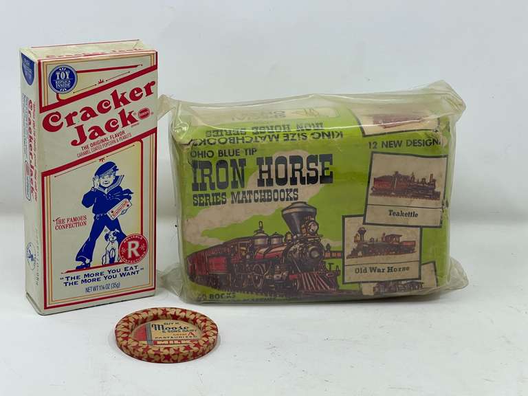 KIT… Vintage iron horse series matchbooks, vintage milk bottle cap, and a replica Cracker Jack’s box, see pictures for details. ￼ image