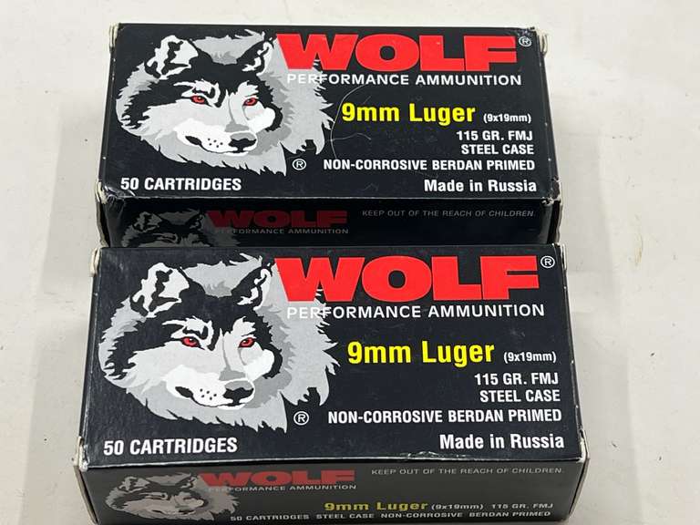 DEN… Wolf 9 mm Luger, 115 grain ammunition. Two boxes, tub is not included, see pictures for details. image