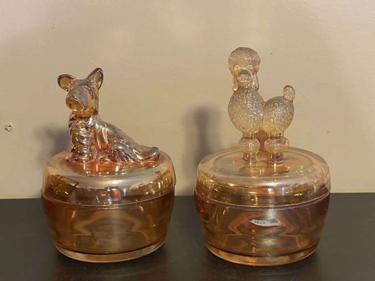 KIT… Vintage powder jars, two pieces, believed to be vintage Jeanette Marigold carnival glass, see pictures for details. image