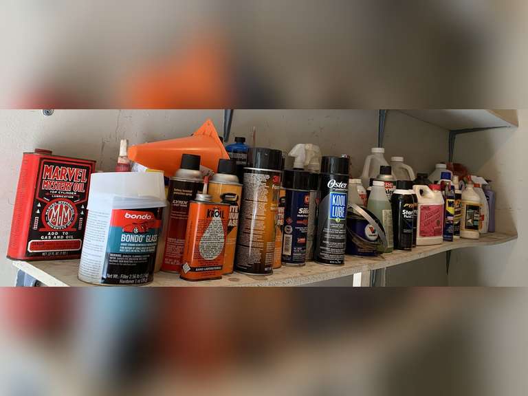 SHELF LOT OF ASSORTED CAR PRODUCTS (SEE ALL PICS) WINNER MUST TAKE ALL - GARAGE CLOSET image