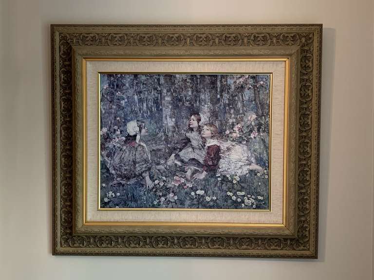 EDWARD ATKINSON HORNEL ART PRINT ON BOARD "MUSIC OF THE WOODS" HAND EMBELLISHED IN ORNATE FRAME 31" X 26 3/4" - FOYER image
