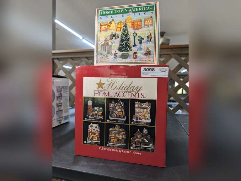 HOLIDAY HOME ACCENTS LIGHTED LIGHTHOUSE AND HOMETOWN AMERICA COLLECTION 9 PIECE HOLIDAY VILLAGE ACCESSORY SET, BOTH IN ORIGINAL BOXES image