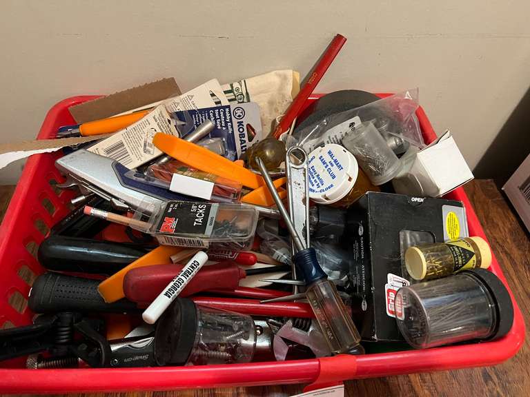 Laundry… Tub of assorted hand tools to include screwdrivers, ballpeen hammer assorted fasteners, crescent wrench, needle nose pliers, and more. See pictures for details. image