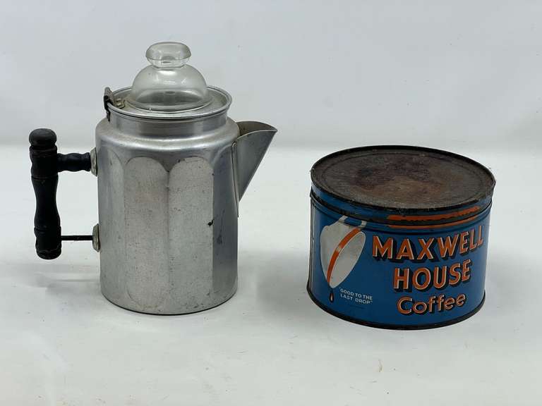 KIT… Vintage Maxwell House coffee can and vintage aluminum coffee pot, see pictures for details. image