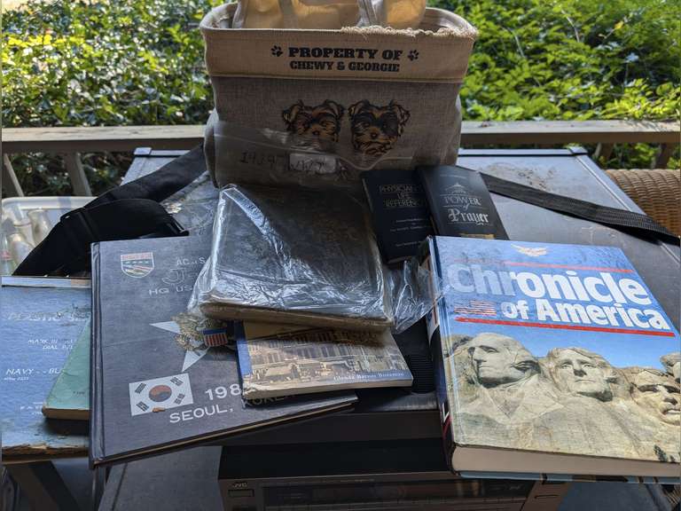 BOOK COLLECTION, OLD NAVY DIAL, AND CANVAS BAGS, INCLUDES ANTIQUE WORLD WAR I BOOK, CHRONICLE OF AMERICA COFFEE TABLE BOOK, MACON, AND MORE image