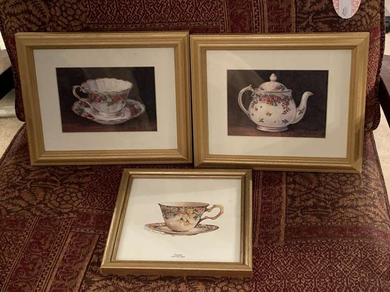 PAIR VINTAGE SIGNED BARBARA MOCK TEACUP PRINTS 12X10 & ONE 1993 CAROLYN SHORES WRIGHT SIGNED TEACUP PRINT 9 1/4" SQUARE - UP MASTER BED image