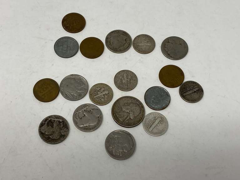 Collectible US coins to include silver quarter, silver dimes, to include two mercury head dimes, Buffalo nickels, liberty head V nickel, wheat pennies, and steel pennies. See pictures for details. image