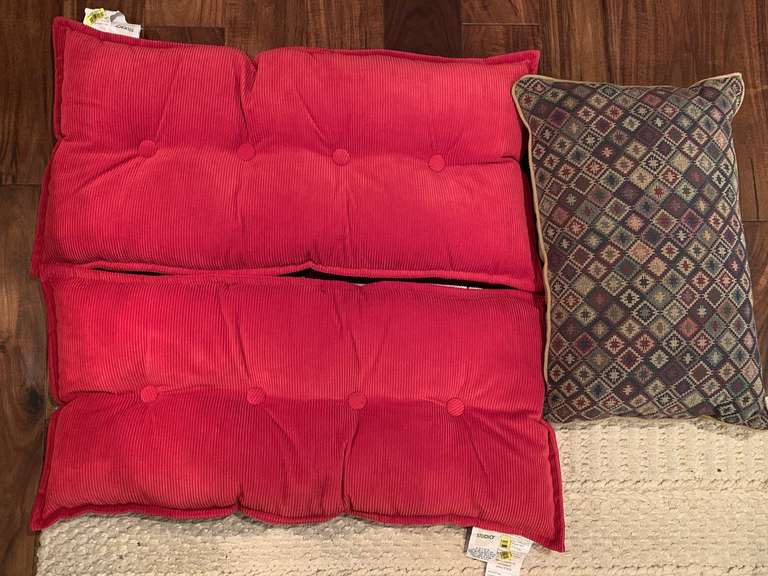 2 RED COURDERARY LONG PILLOWS 29 1/2" X 13" & 1 TAPESTRY THROW PILLOW 20" X 13" - DEN image