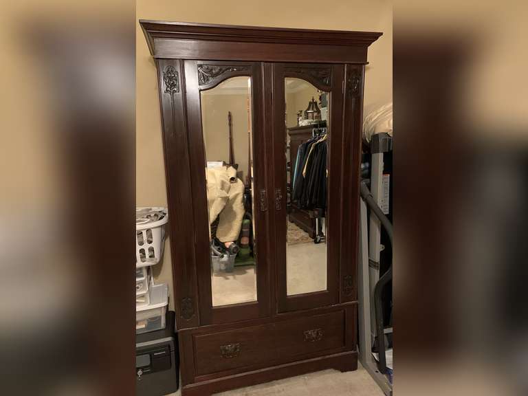 ANTIQUE LARGE SOLID WOOD ARMOIRE/WARDROBE WITH BEVELED GLASS MIRRORS, LARGE DEEP DRAWER, SHELVES & HANGING RACK W/ KEY (DOES NOT INCLUDE CONTENTS INSIDE/TOP) ***SPECIAL PICKUP INSTRUCTIONS - UP MASTER BED image