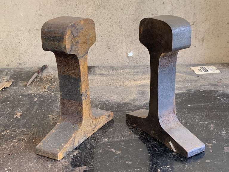 PAIR VINTAGE IRON RAILROAD TRACK BOOKENDS 7 1/2" TALL X 6" DEEP - GARAGE image
