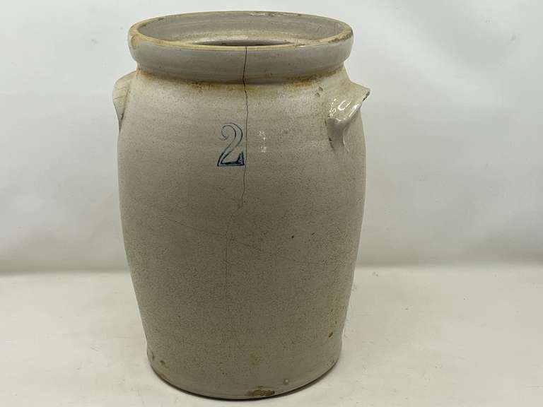 DEN… Antique/vintage stoneware crock, 2 gallon, no lid, this piece is cracked and has a chip on the rim, see pictures for details. image