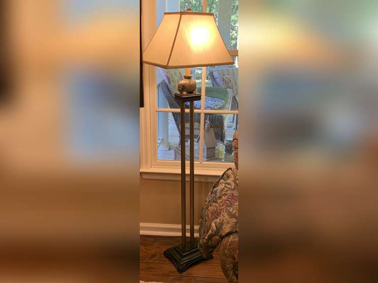 BRASS/BLACK TALL HEAVY 2 COLUMN FLOOR LAMP WITH ELEPHANT MOTIF 59" TALL - DEN image