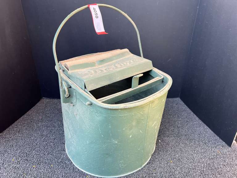 Vintage metal mop bucket with wooden rollers, see pictures for details. image