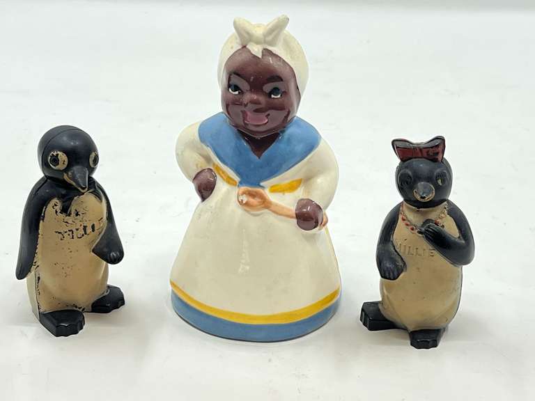 KIT… Vintage penguin salt and pepper shakers, “Millie” and “Willie”, also includes a vintage Black Americana shaker, see pictures for details. image
