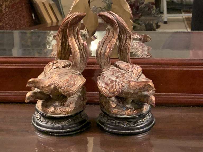 PAIR VINTAGE BRONZE COLORED PHEASANT BOOKENDS (RESIN - ONE REPAIRED AT TAIL & SMALL CHIP ON BASE) 7 1/2" TALL X 5" WIDE - UP MASTER BED image