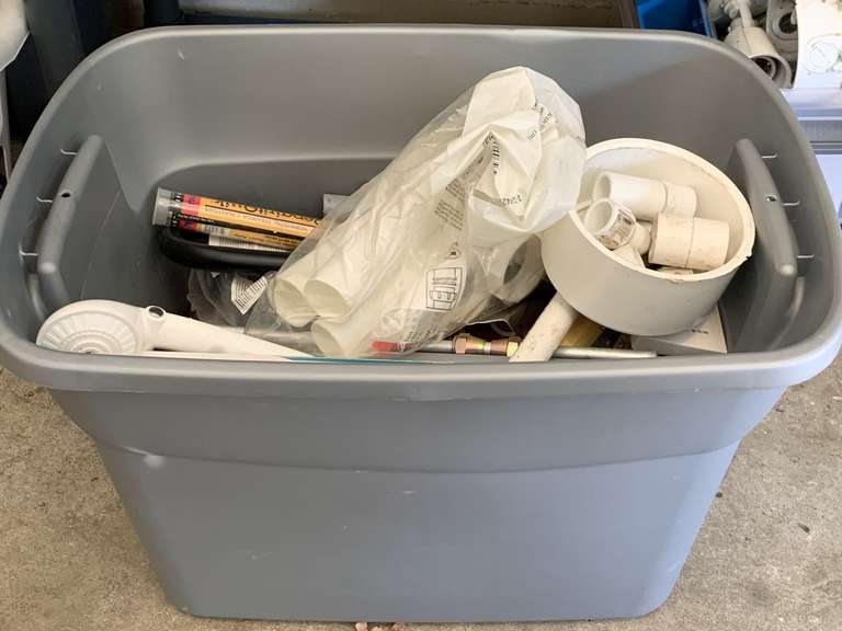 CRATE FULL OF ASSORTED PLUMBING SUPPLIES - GARAGE image