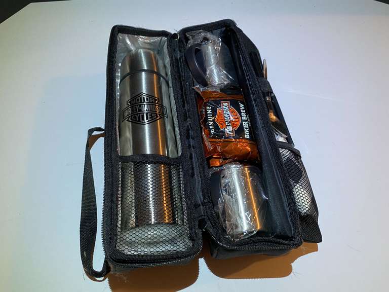 BR1… Harley Davidson coffee kit with storage/carrying case, includes thermos, cups, and spoons. See pictures for details. image