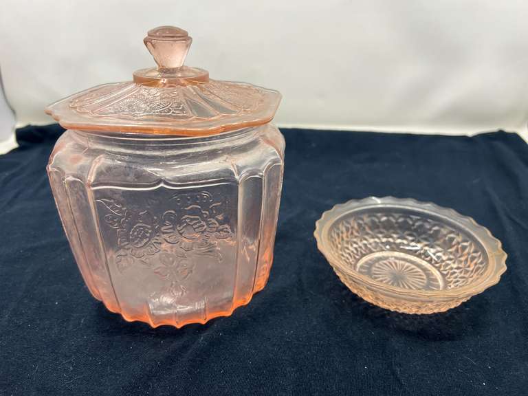 DEN… Lovely covered pink depression glass jar, believed to be vintage Anchor Hocking, “Mayfair”, also includes a small pink depression glass dish with diamond pattern, believed to be vintage Jeanette glass, see pictures for details. image