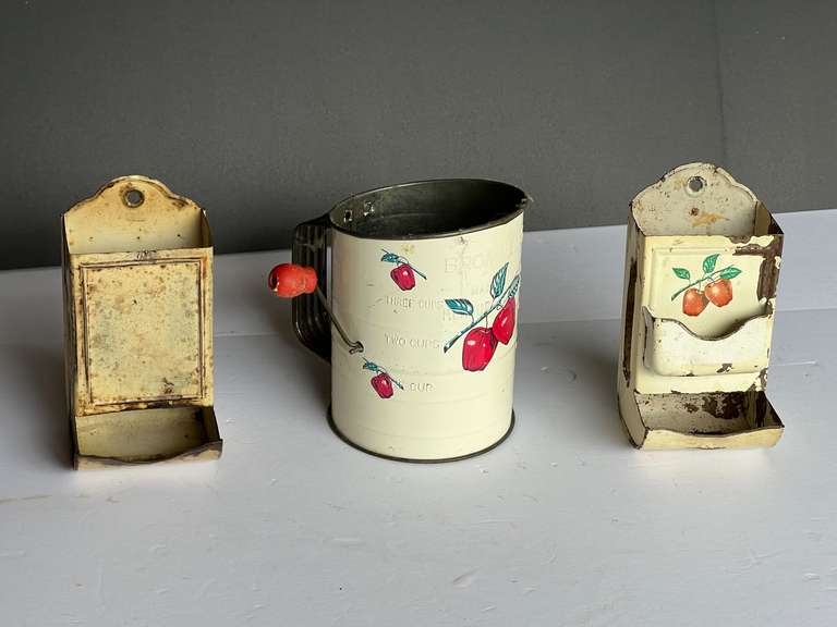 Vintage match stick holders, comes with a Bromwell‘s flour sifter, three pieces total, see pictures for details. image
